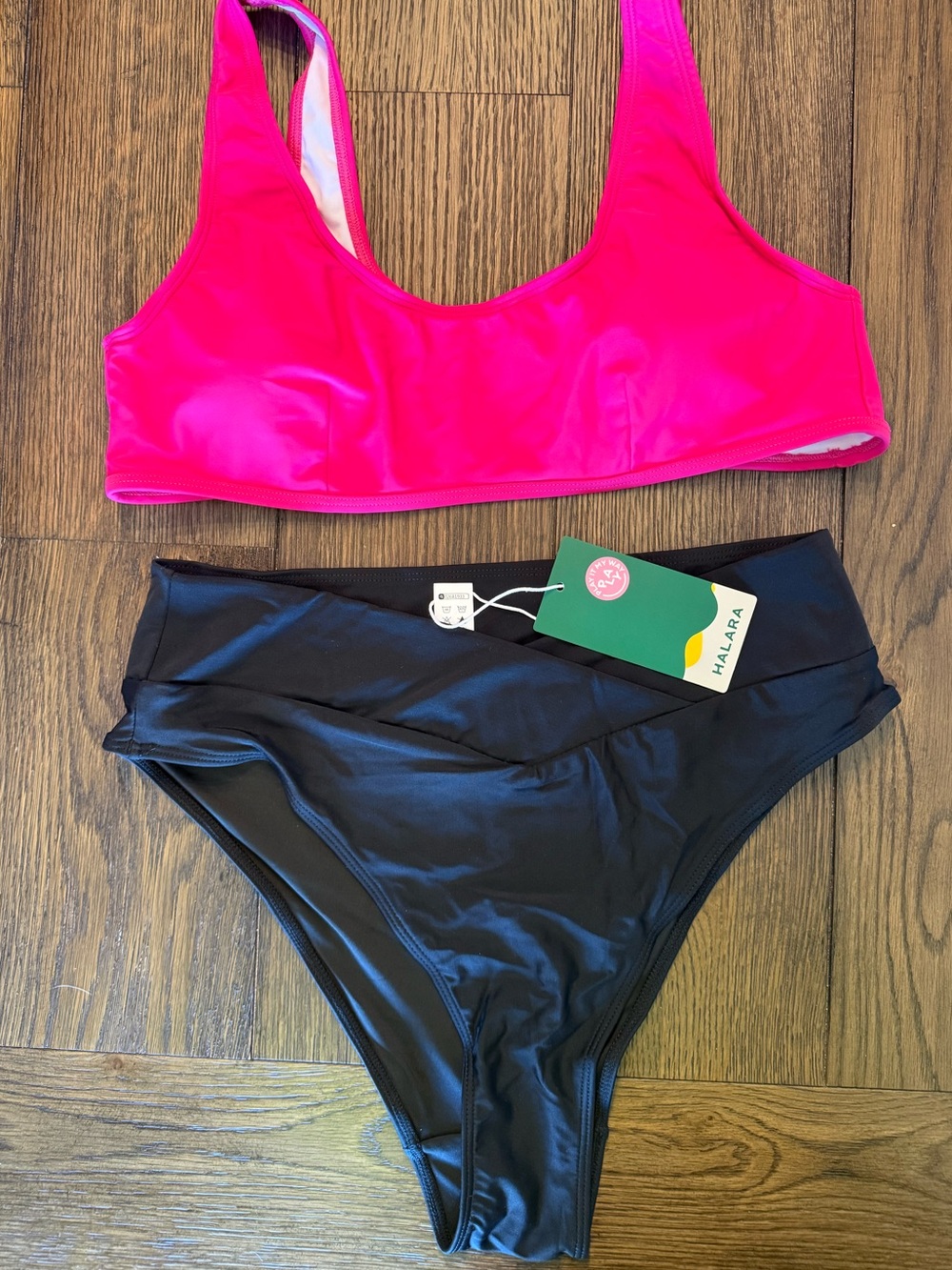 NWT Halara Colorblock Bikini Set Pink & Black High Waisted Swimwear Large